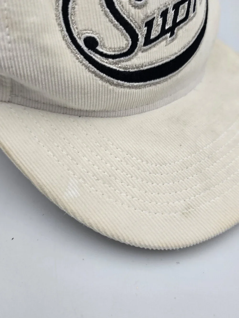 Supreme Cursive Logo White 5 Panel Corduroy Adjustable Snapback Hat